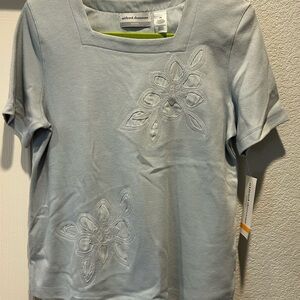 Alfred Dunner Light Blue Blouse with striped embroidered details.